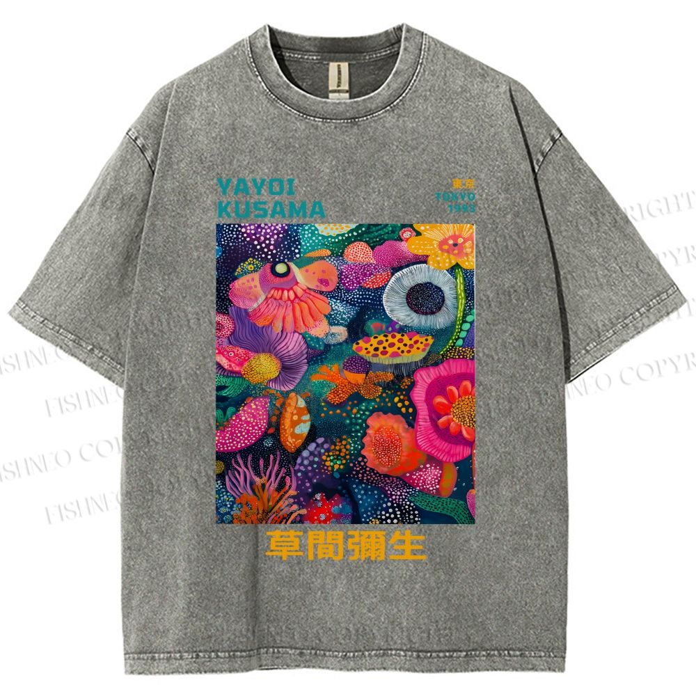 Unisex Japanese Yayoi Kusama Flowers Printed Washed Tee