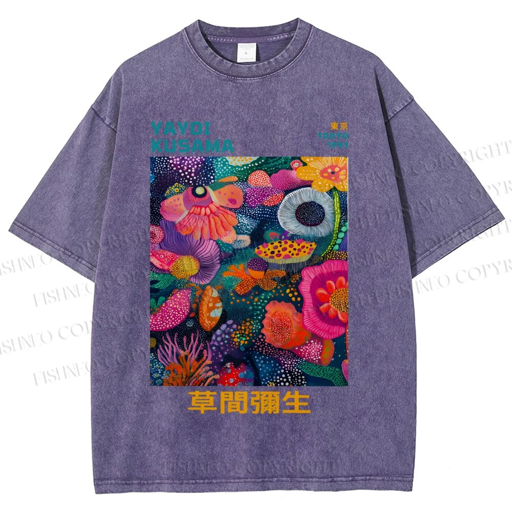 Unisex Japanese Yayoi Kusama Flowers Printed Washed Tee