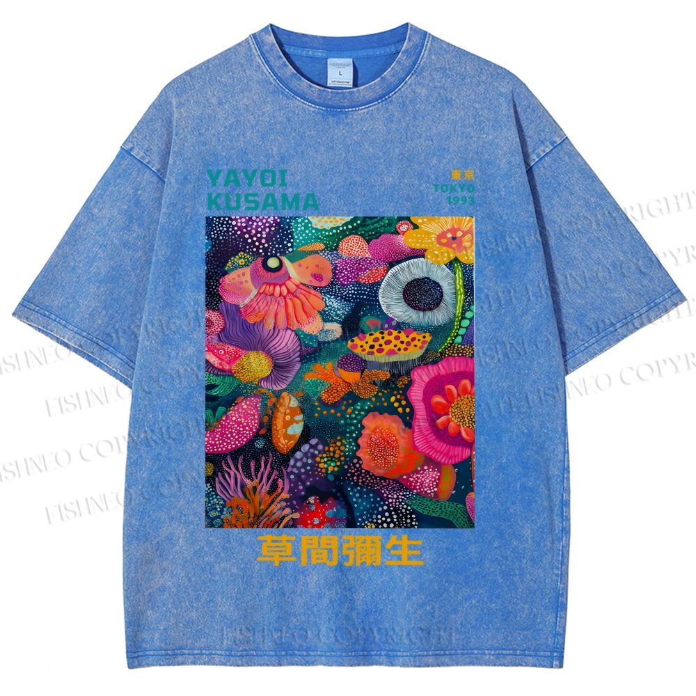 Unisex Japanese Yayoi Kusama Flowers Printed Washed Tee