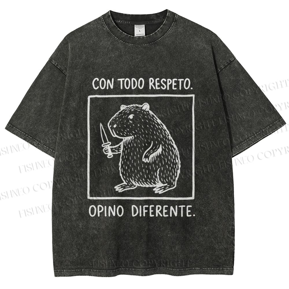 Unisex With All Due Respect Capybara Disagree With Knife Printed Washed Tee