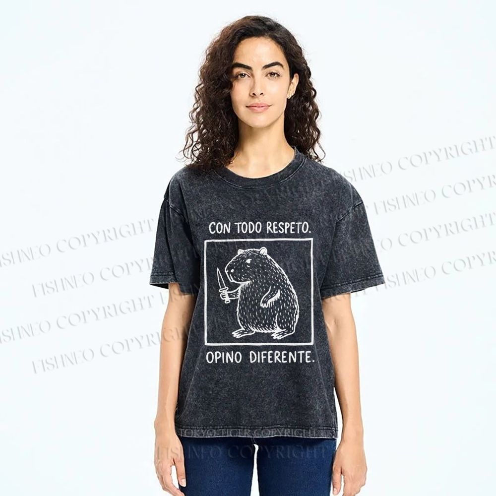 Unisex With All Due Respect Capybara Disagree With Knife Printed Washed Tee