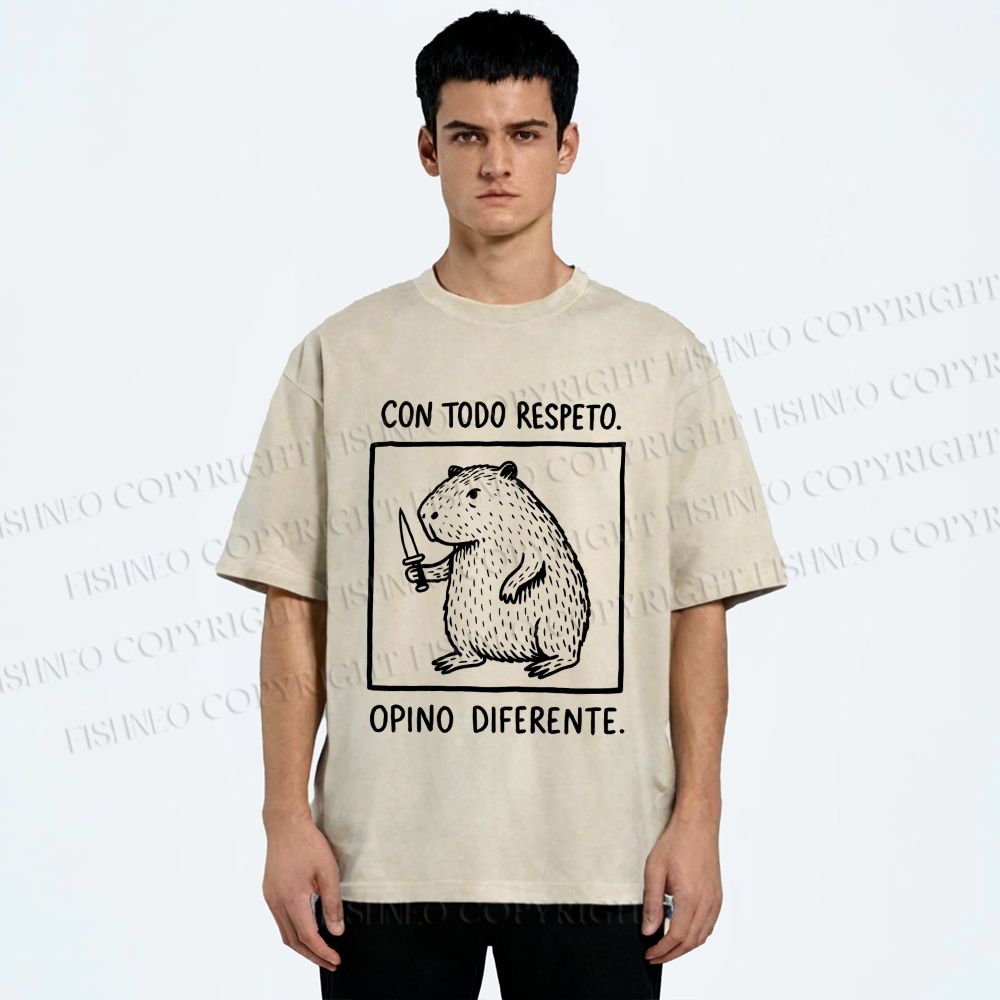 Unisex With All Due Respect Capybara Disagree With Knife Printed Washed Tee