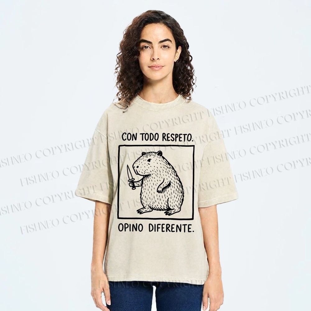 Unisex With All Due Respect Capybara Disagree With Knife Printed Washed Tee
