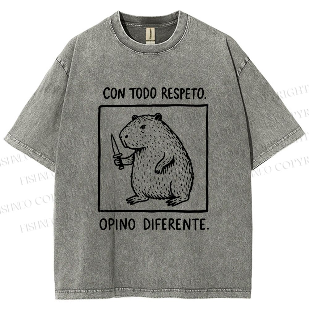 Unisex With All Due Respect Capybara Disagree With Knife Printed Washed Tee