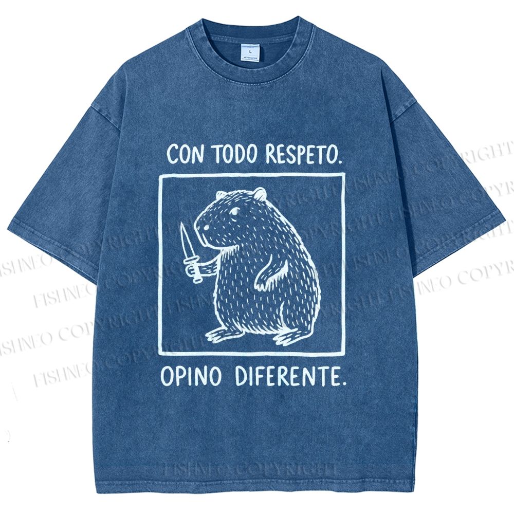Unisex With All Due Respect Capybara Disagree With Knife Printed Washed Tee