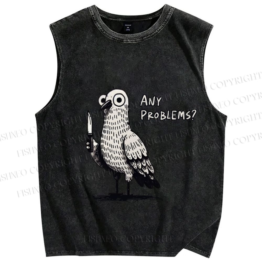 Unisex Funny Pigeon Holding Knife Any Problems Printed Washed Tank Top