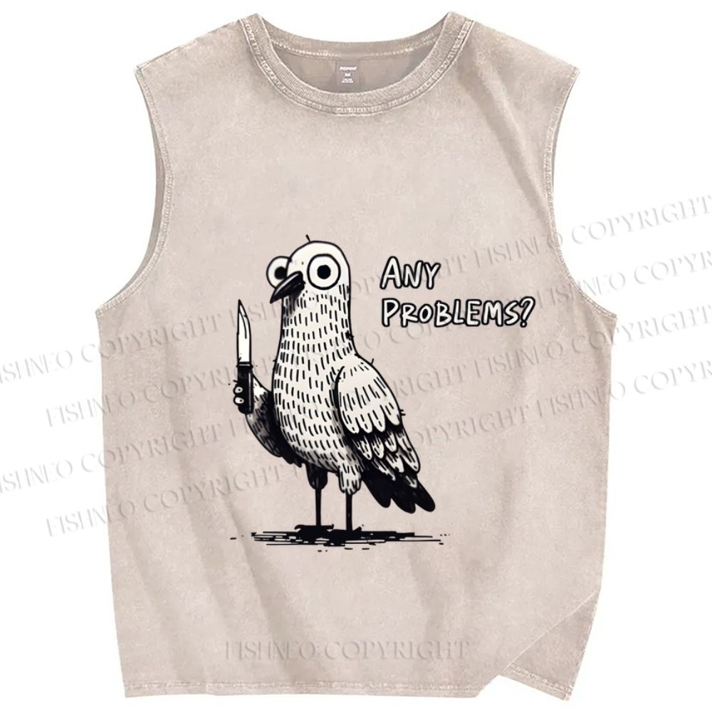 Unisex Funny Pigeon Holding Knife Any Problems Printed Washed Tank Top