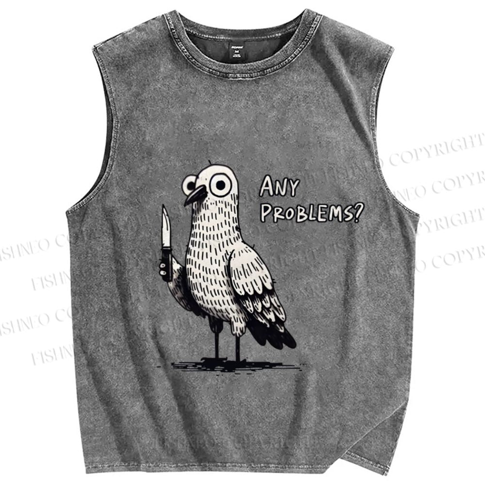 Unisex Funny Pigeon Holding Knife Any Problems Printed Washed Tank Top