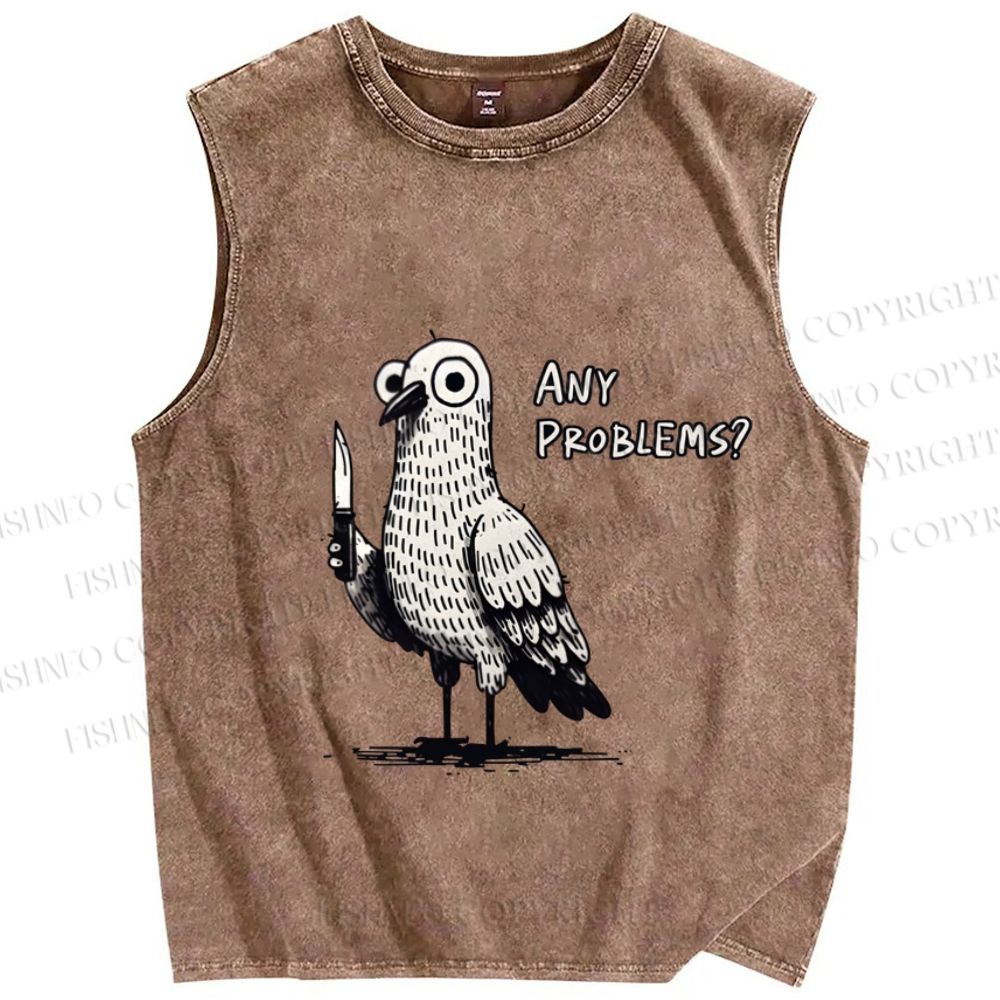 Unisex Funny Pigeon Holding Knife Any Problems Printed Washed Tank Top
