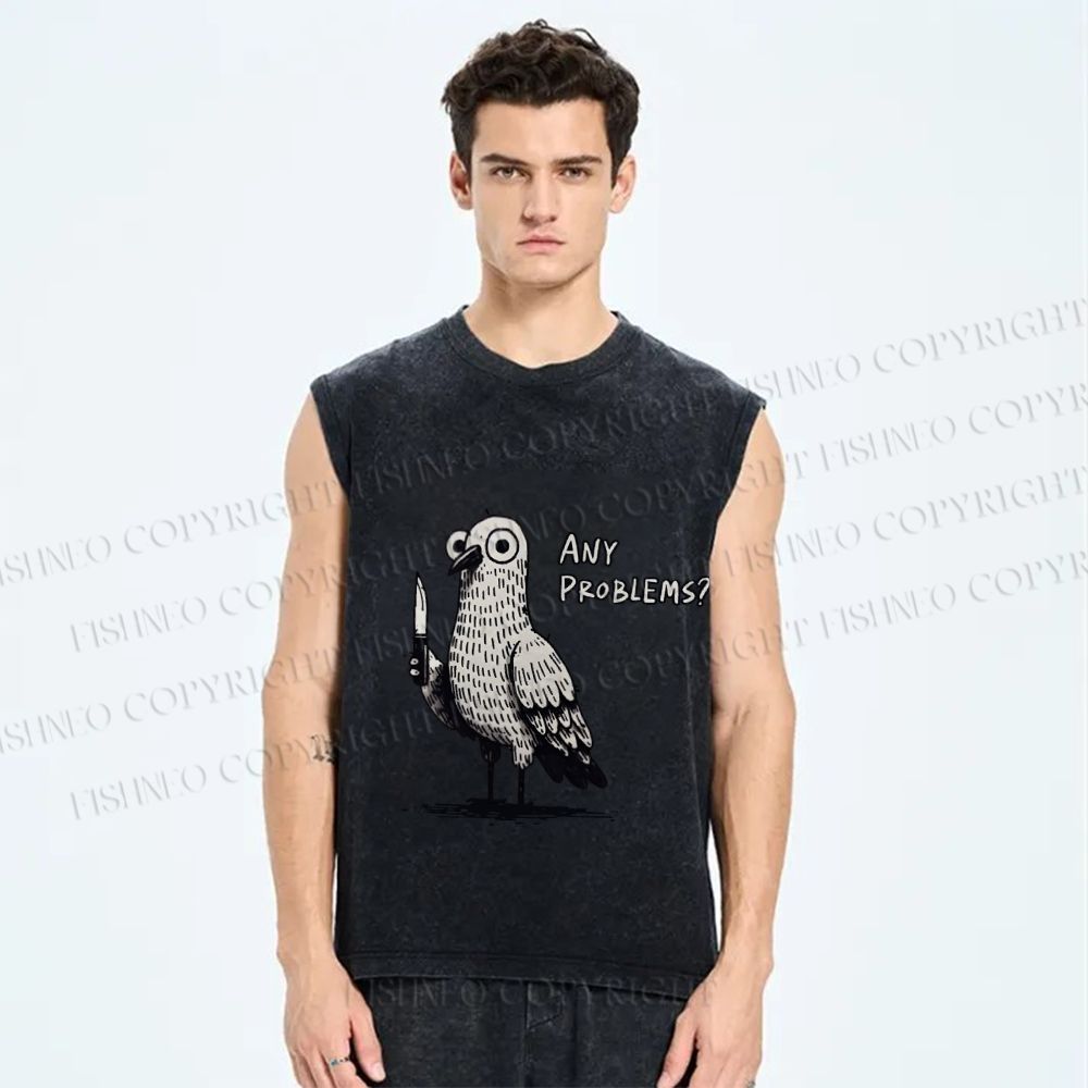 Unisex Funny Pigeon Holding Knife Any Problems Printed Washed Tank Top