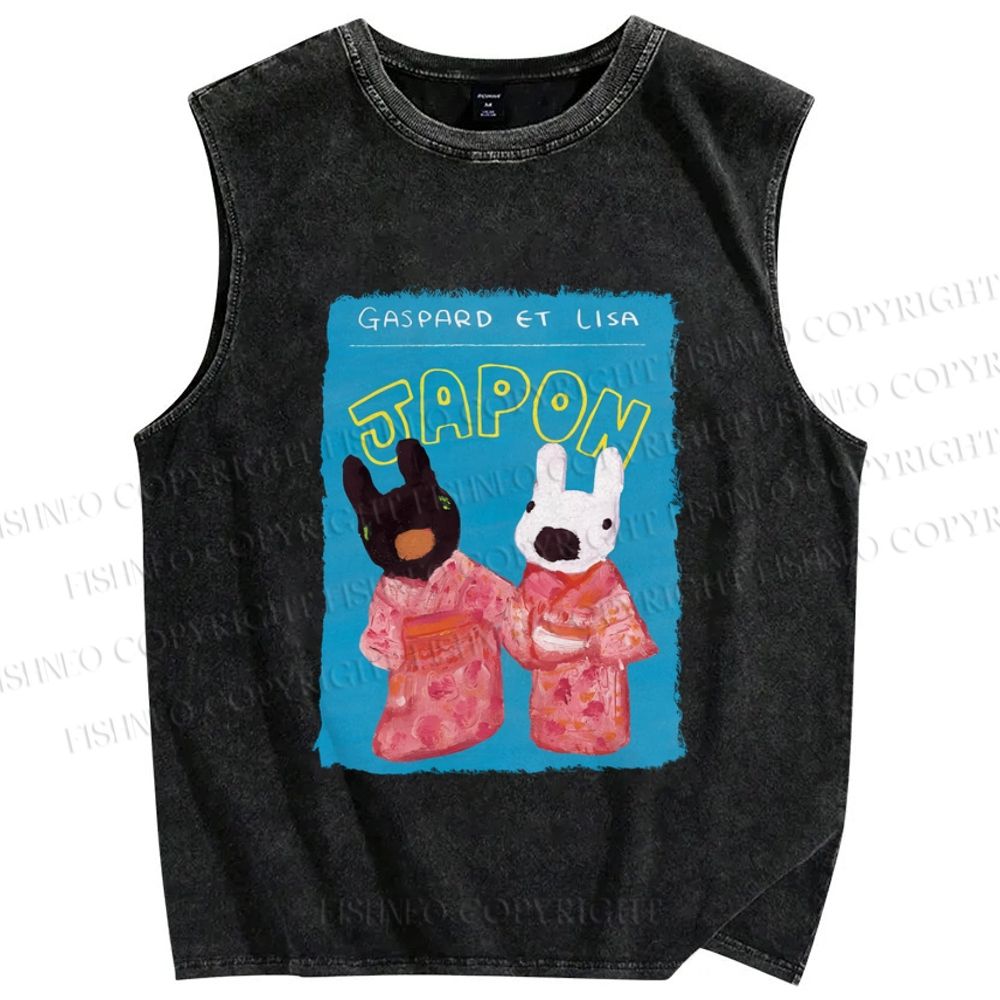 Unisex Gaspard and Lisa DoggyBunny Wear Kimono In Japan Printed Washed Tank Top