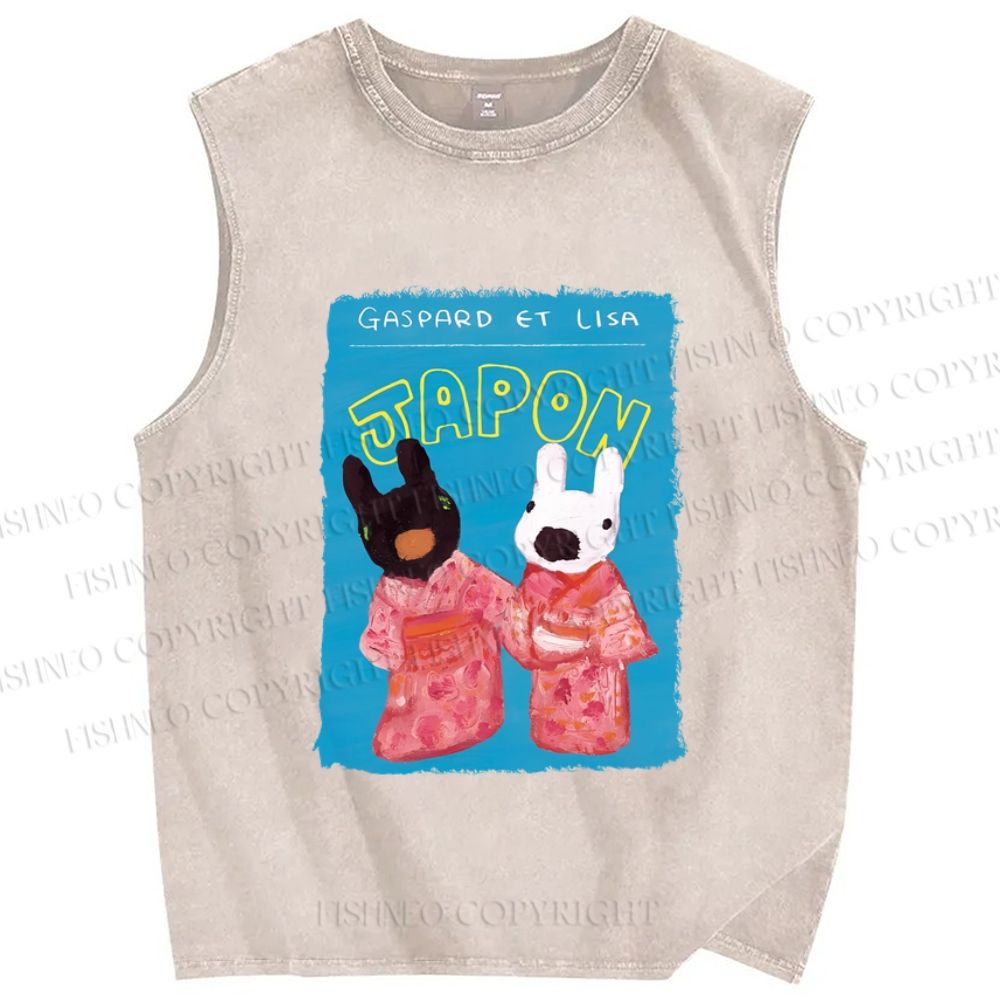 Unisex Gaspard and Lisa DoggyBunny Wear Kimono In Japan Printed Washed Tank Top