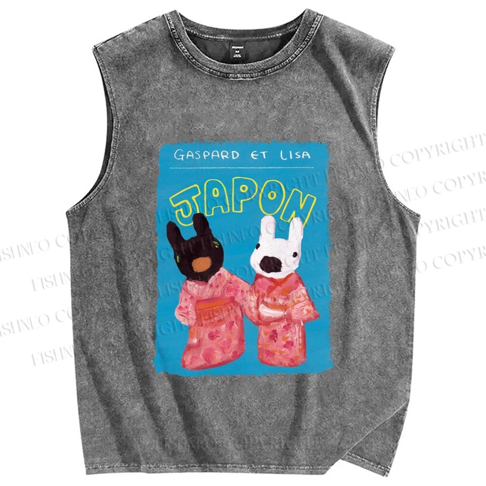 Unisex Gaspard and Lisa DoggyBunny Wear Kimono In Japan Printed Washed Tank Top