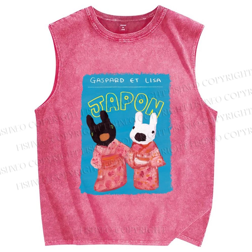 Unisex Gaspard and Lisa DoggyBunny Wear Kimono In Japan Printed Washed Tank Top