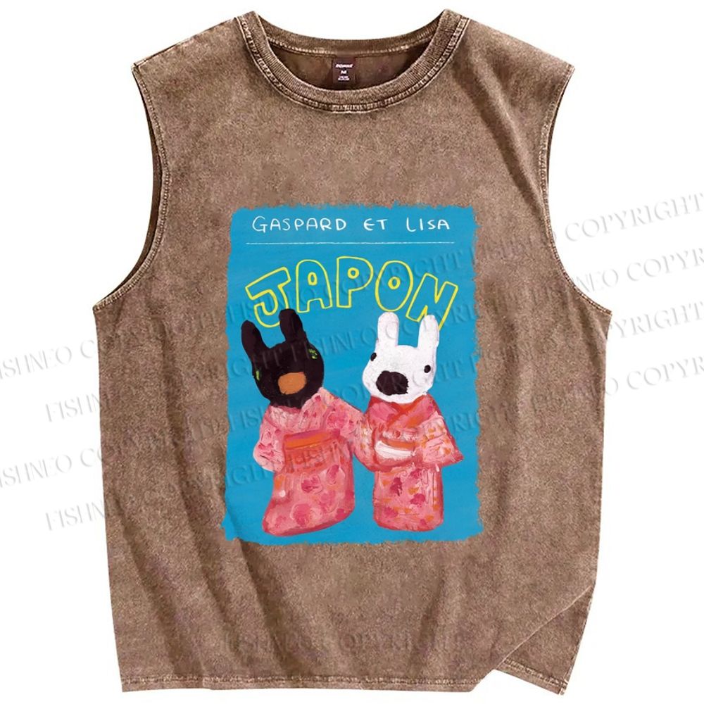 Unisex Gaspard and Lisa DoggyBunny Wear Kimono In Japan Printed Washed Tank Top