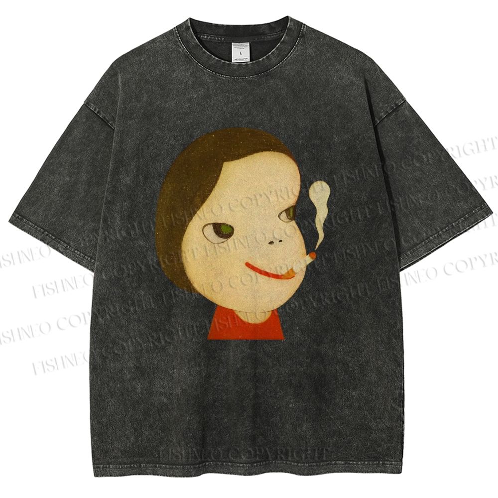 Unisex Yoshitomo Nara Smoking Girl Printed Washed Tee