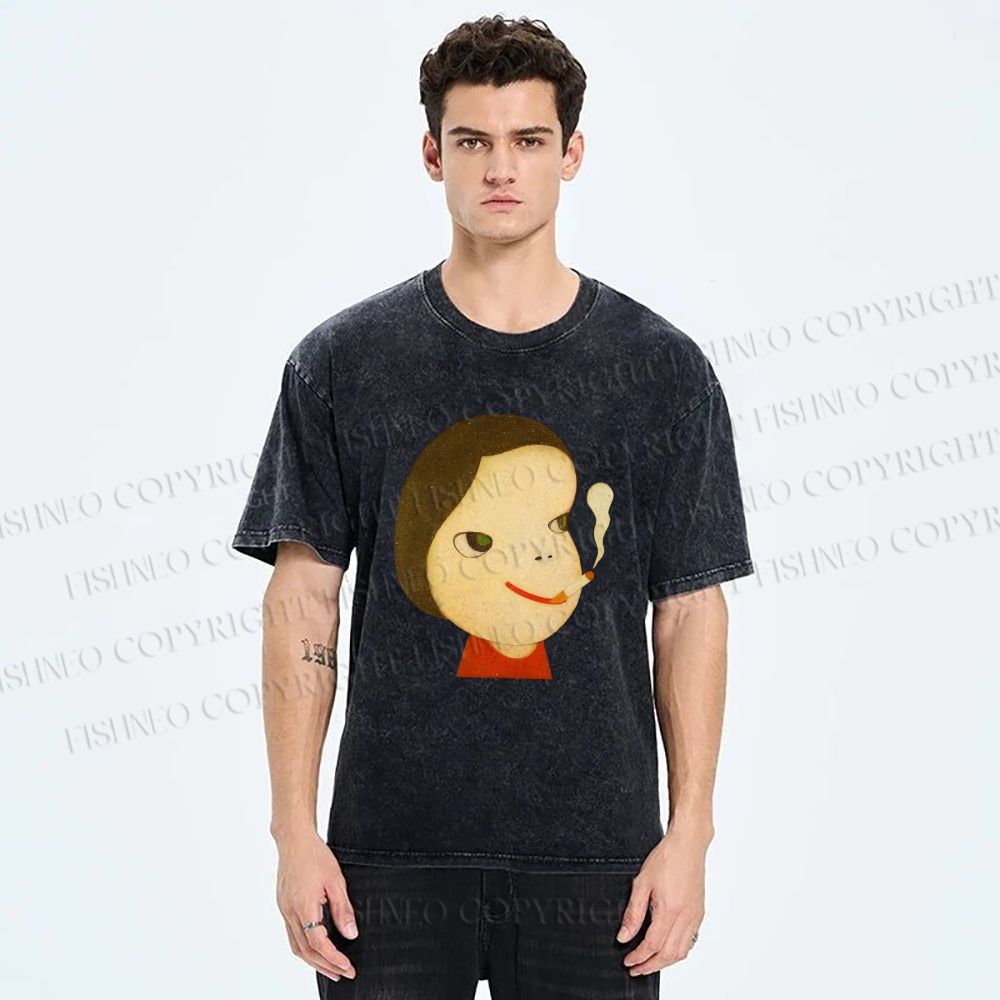 Unisex Yoshitomo Nara Smoking Girl Printed Washed Tee
