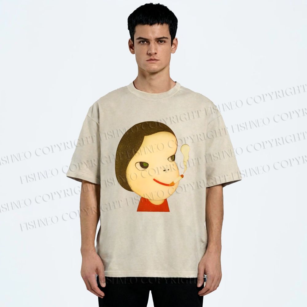 Unisex Yoshitomo Nara Smoking Girl Printed Washed Tee