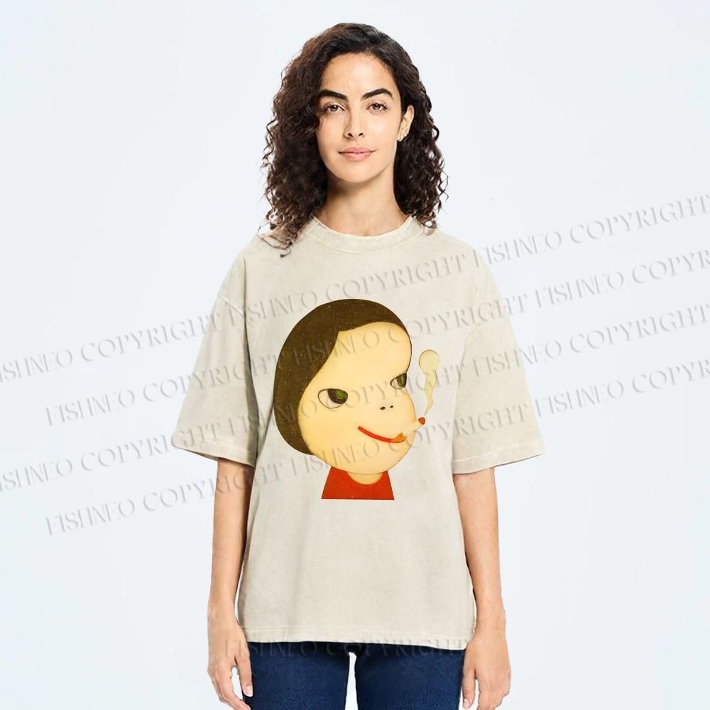 Unisex Yoshitomo Nara Smoking Girl Printed Washed Tee