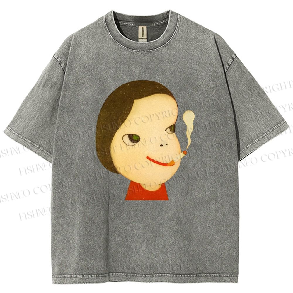 Unisex Yoshitomo Nara Smoking Girl Printed Washed Tee