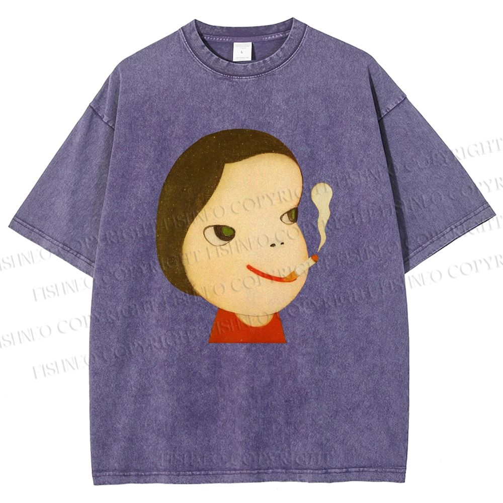 Unisex Yoshitomo Nara Smoking Girl Printed Washed Tee