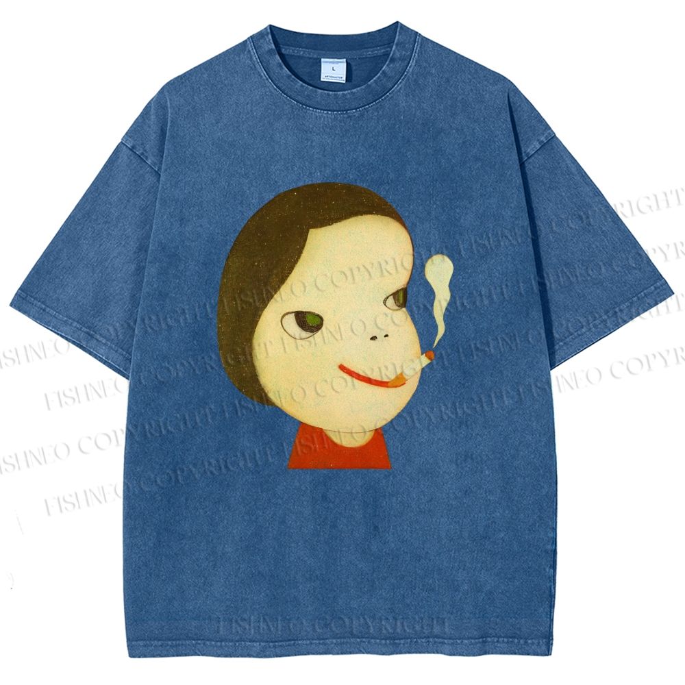 Unisex Yoshitomo Nara Smoking Girl Printed Washed Tee