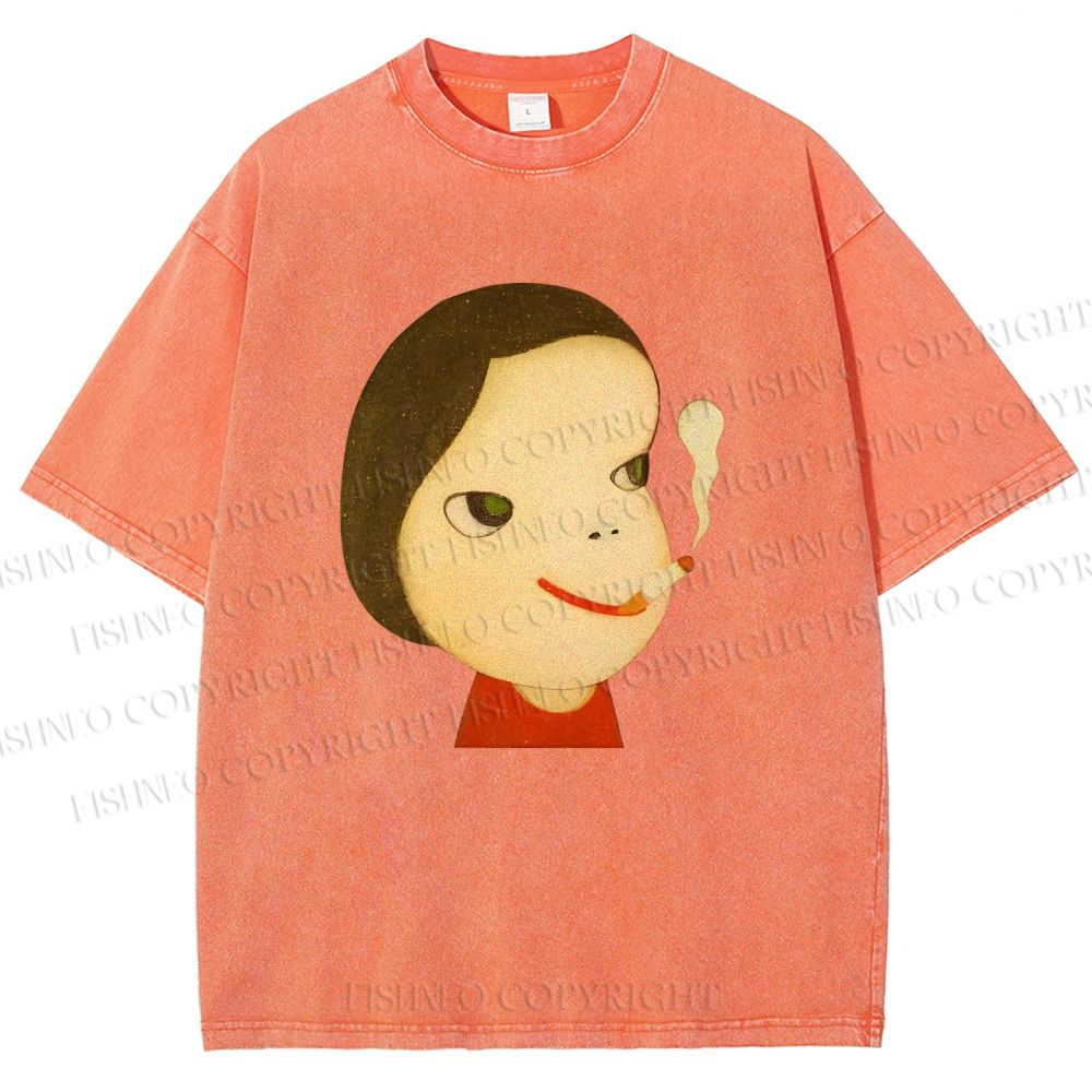Unisex Yoshitomo Nara Smoking Girl Printed Washed Tee