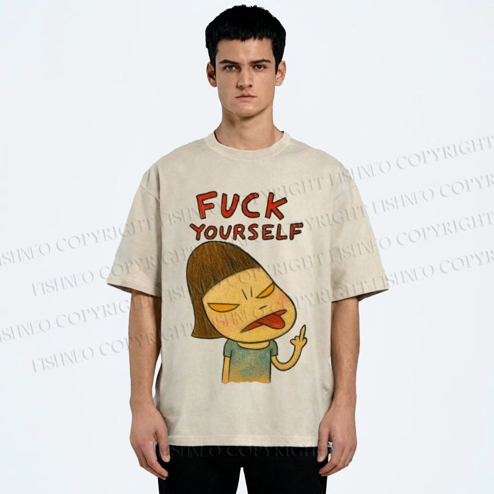 Unisex Yoshitomo Nara Fuck Yourself Printed Washed Tee