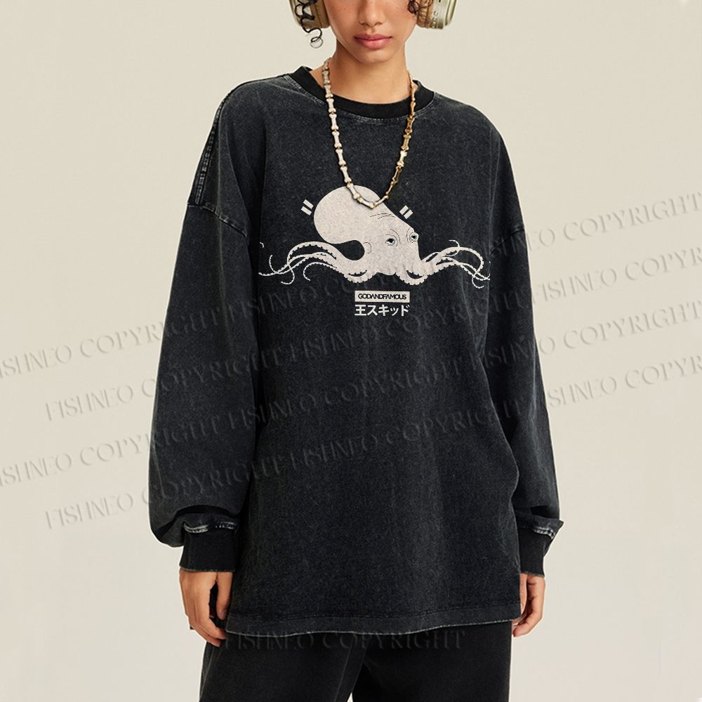 Unisex Casual Washed Giant Octopus Printed Long Sleeve T-shirt