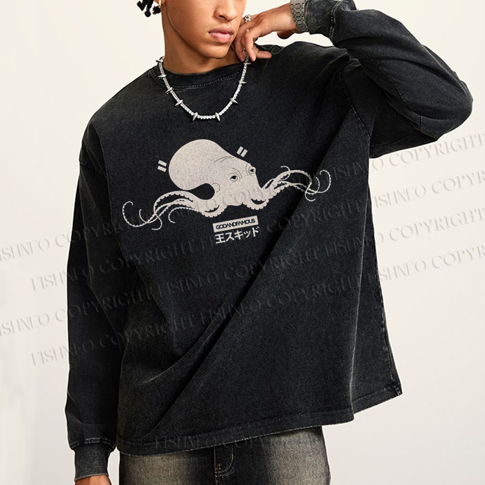 Unisex Casual Washed Giant Octopus Printed Long Sleeve T-shirt