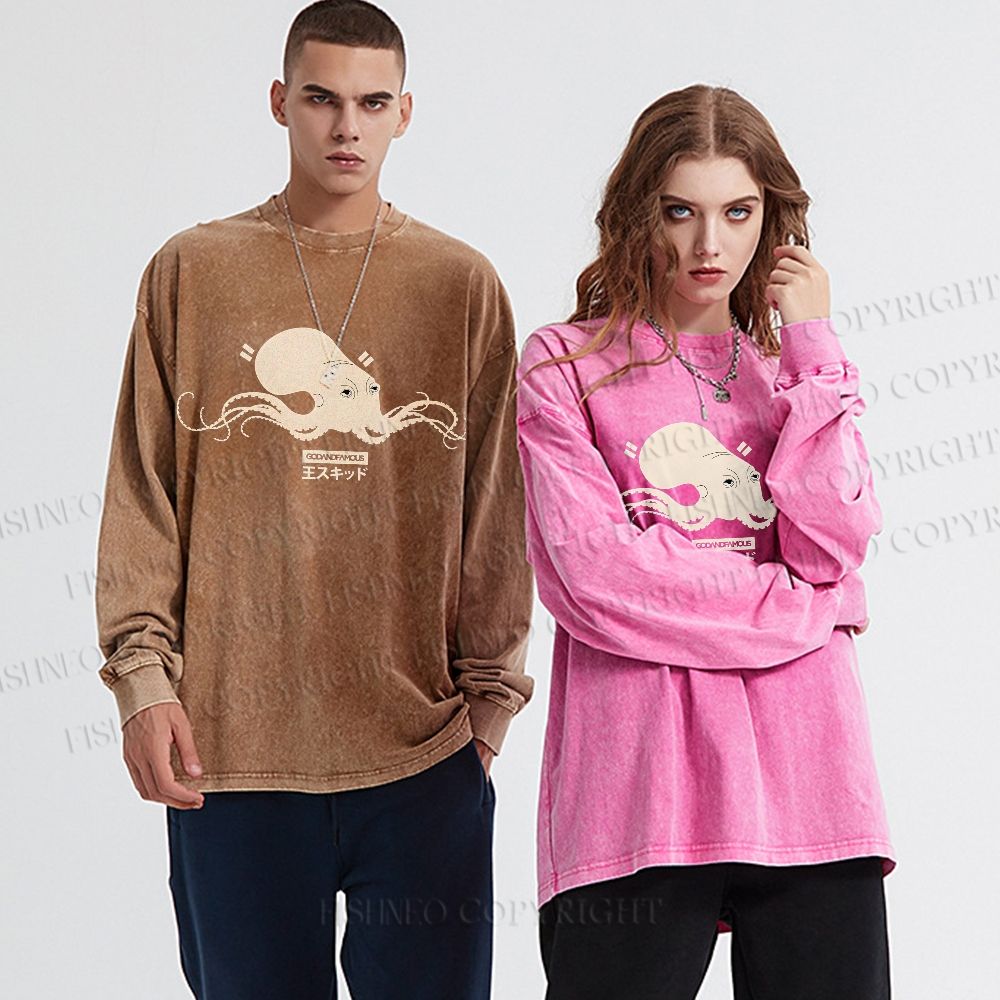 Unisex Casual Washed Giant Octopus Printed Long Sleeve T-shirt