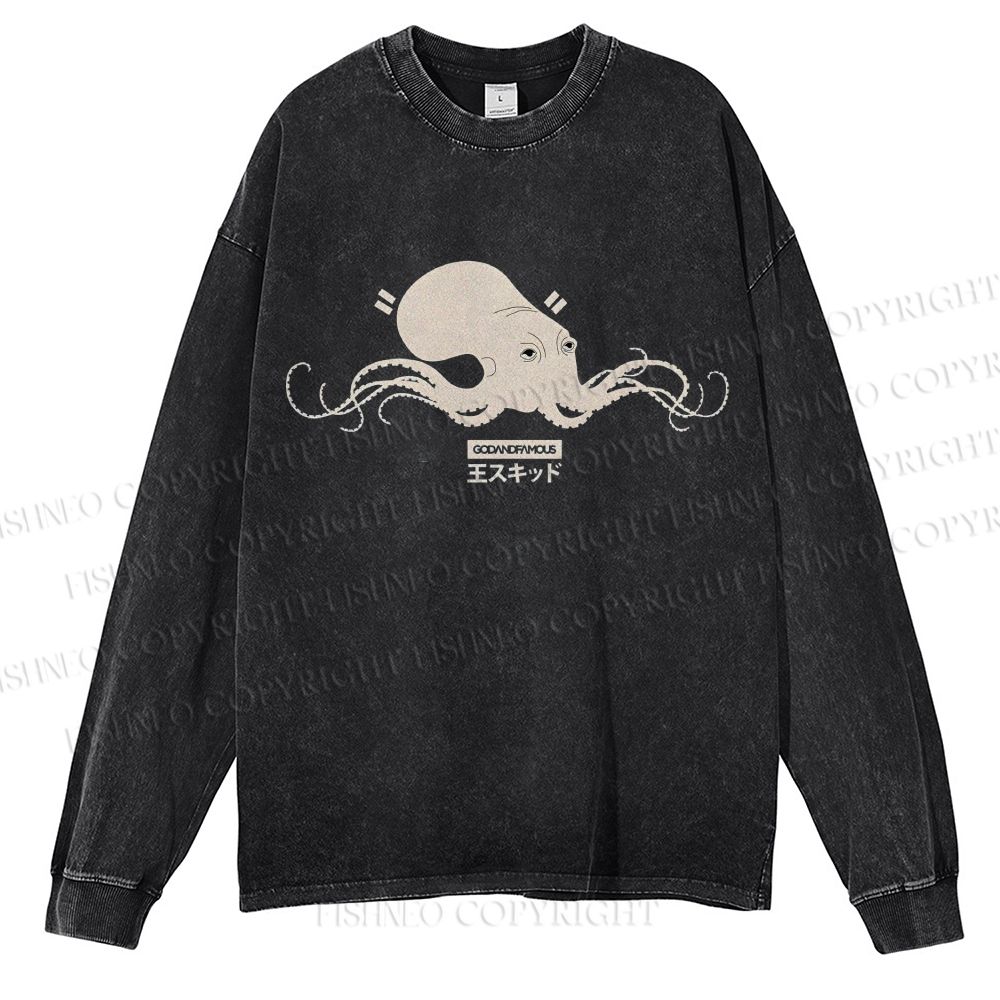 Unisex Casual Washed Giant Octopus Printed Long Sleeve T-shirt