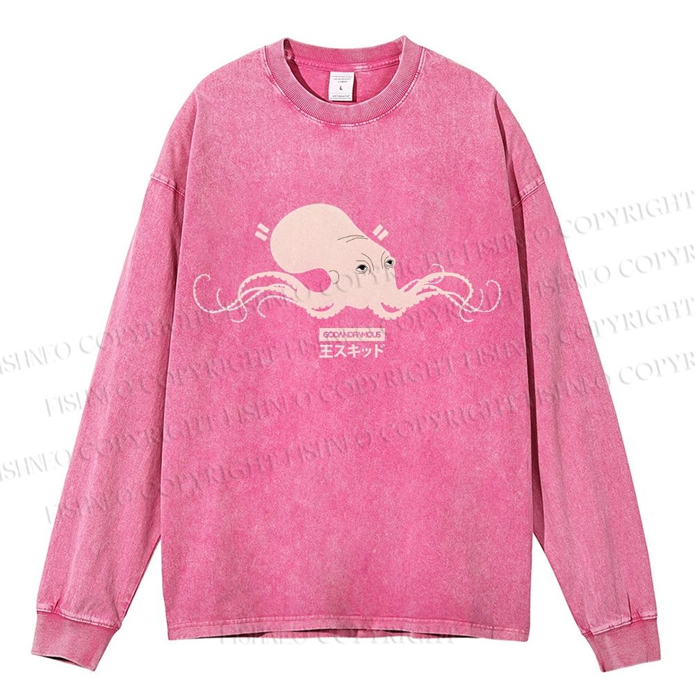 Unisex Casual Washed Giant Octopus Printed Long Sleeve T-shirt