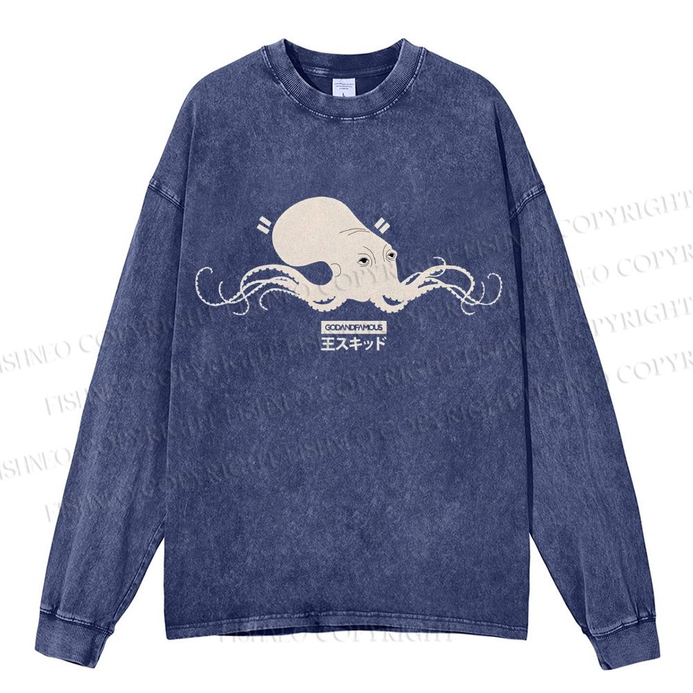 Unisex Casual Washed Giant Octopus Printed Long Sleeve T-shirt