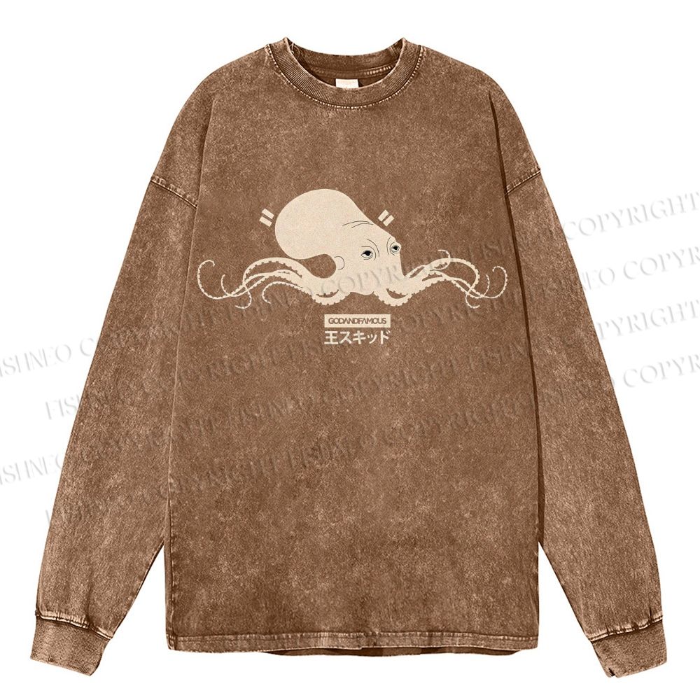 Unisex Casual Washed Giant Octopus Printed Long Sleeve T-shirt