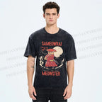 Unisex Samurai Cat Printed Washed Tee