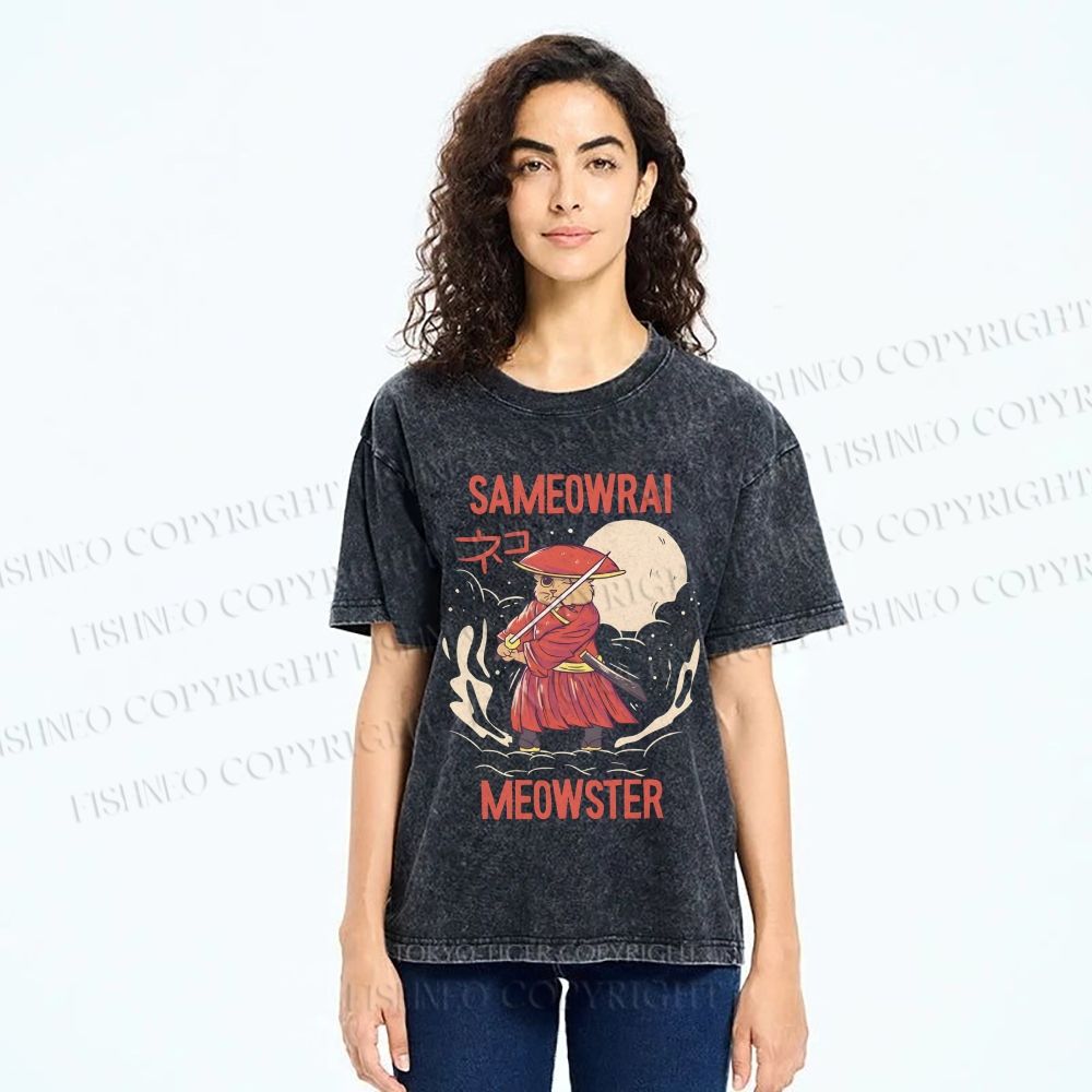 Unisex Samurai Cat Printed Washed Tee