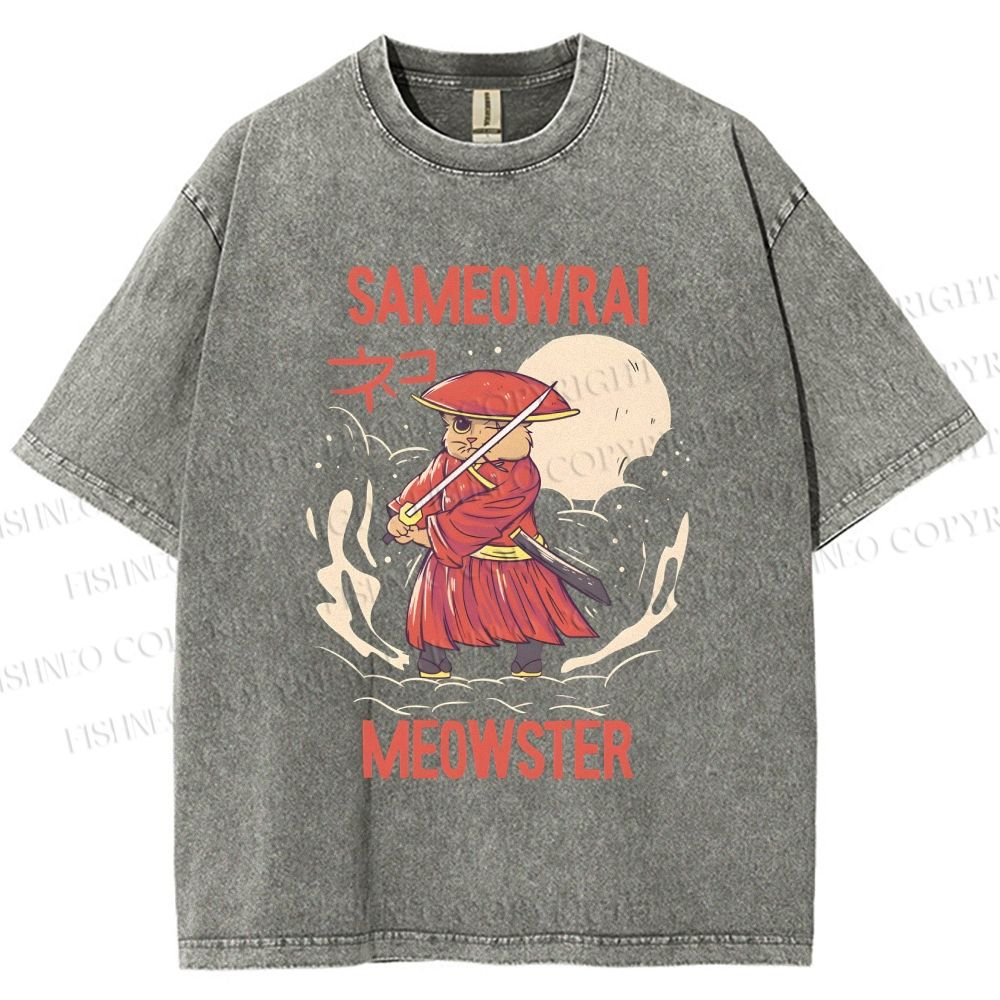 Unisex Samurai Cat Printed Washed Tee