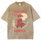 Unisex Samurai Cat Printed Washed Tee