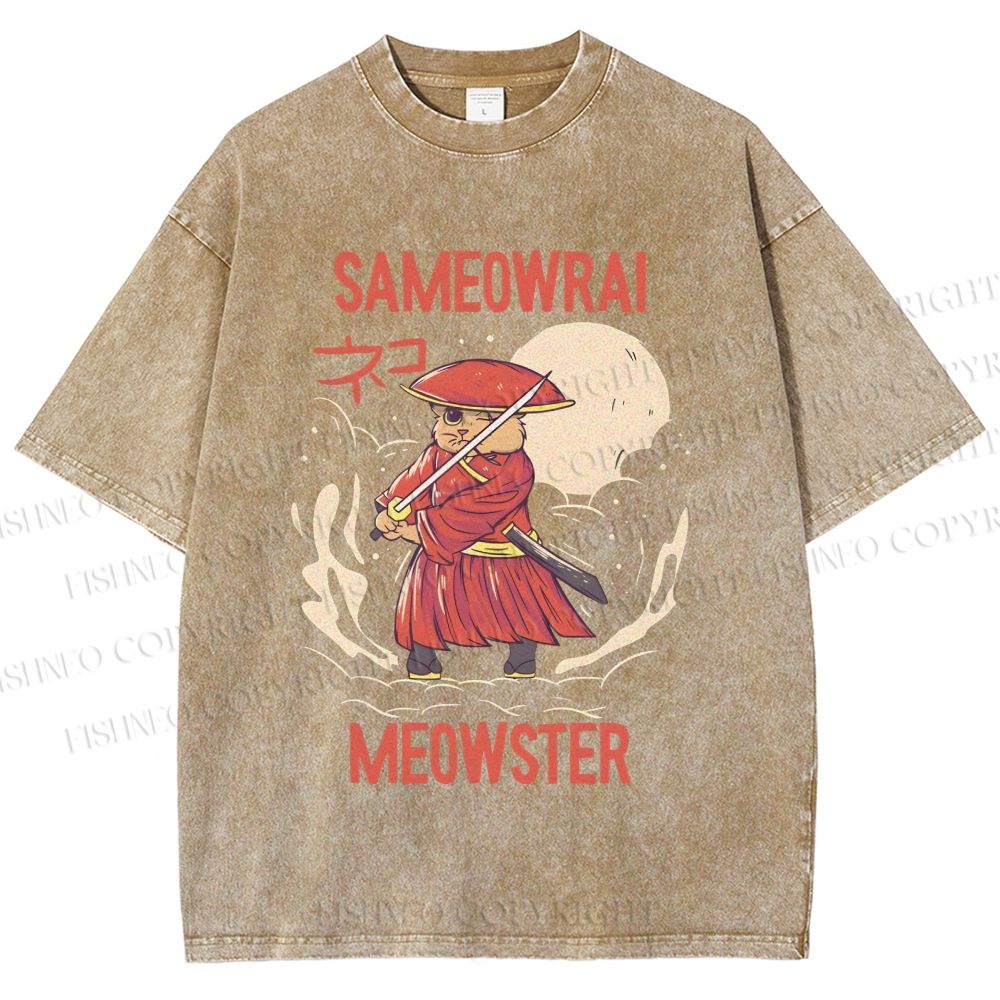 Unisex Samurai Cat Printed Washed Tee