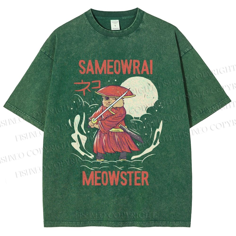 Unisex Samurai Cat Printed Washed Tee
