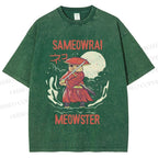Unisex Samurai Cat Printed Washed Tee