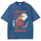 Unisex Samurai Cat Printed Washed Tee