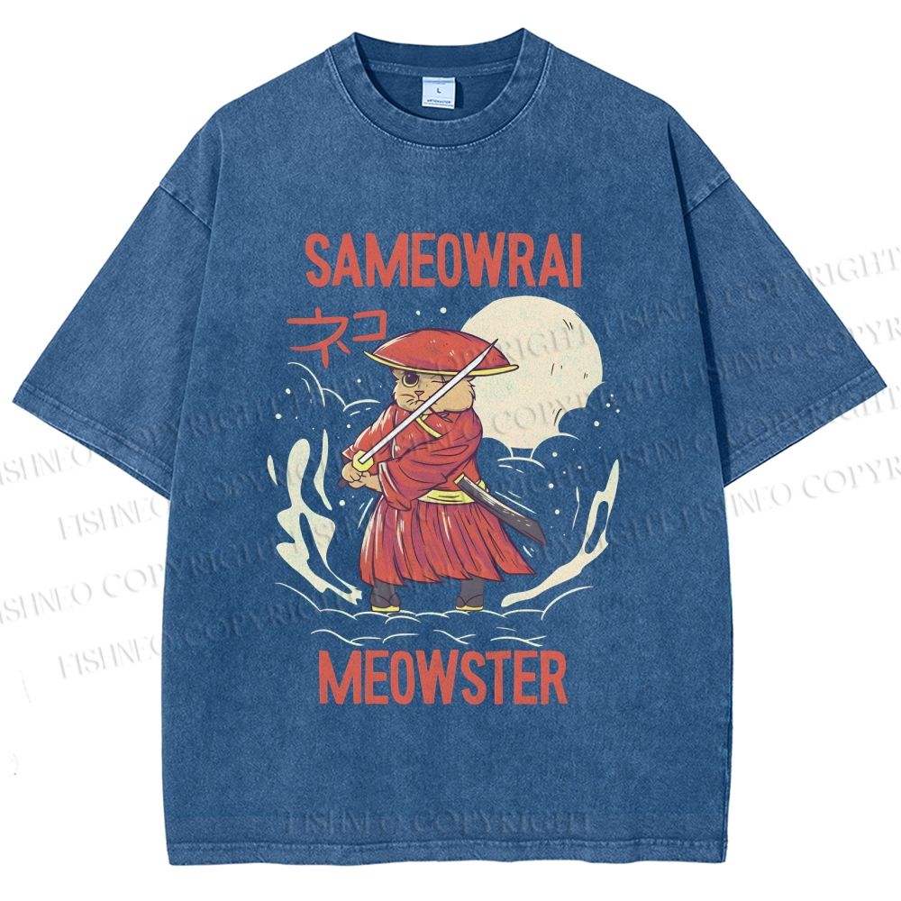 Unisex Samurai Cat Printed Washed Tee