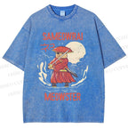 Unisex Samurai Cat Printed Washed Tee