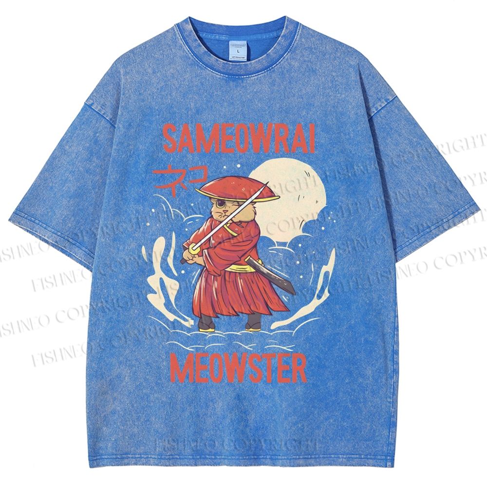 Unisex Samurai Cat Printed Washed Tee
