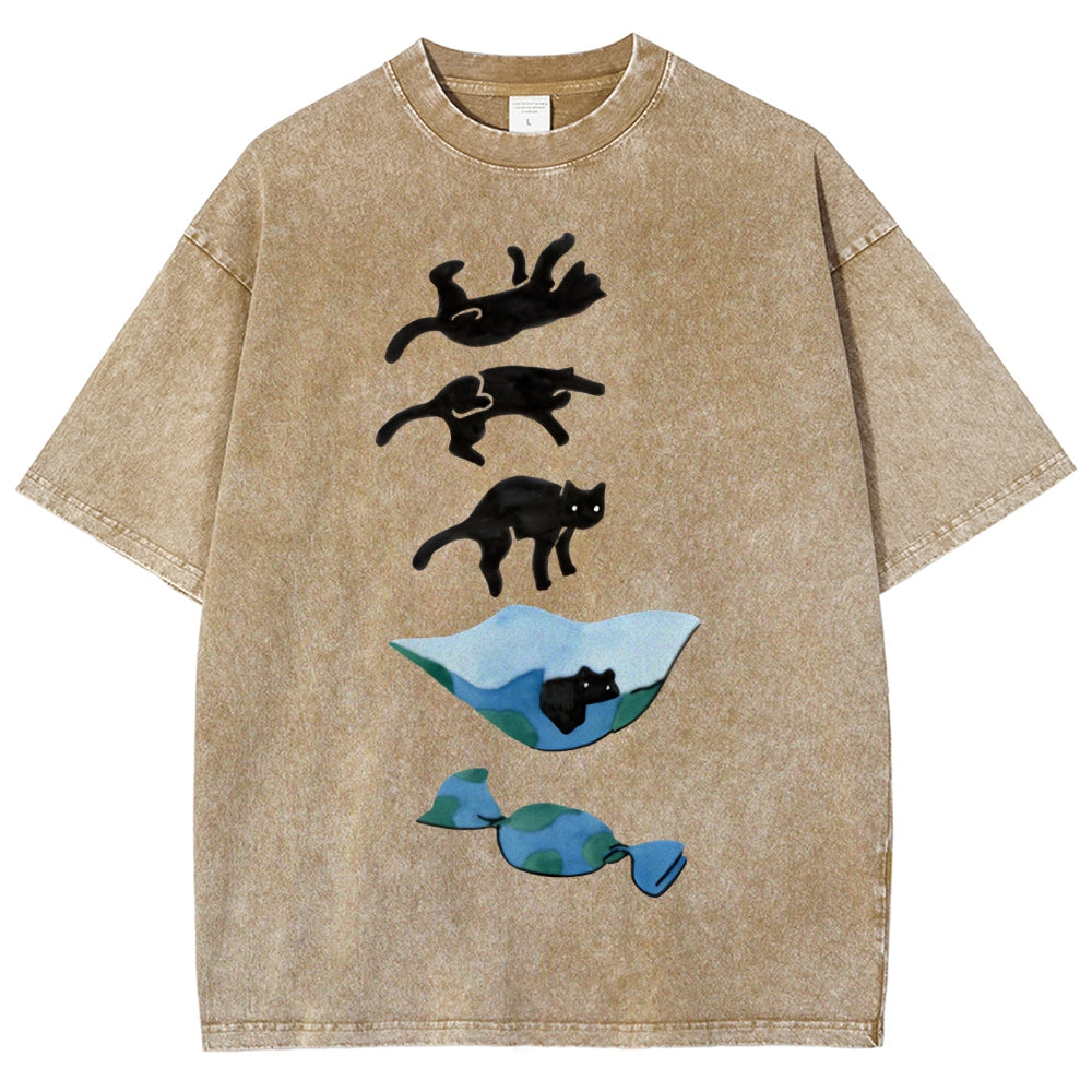 Cat Landing Washed Vintage Short Sleeves T-Shirt