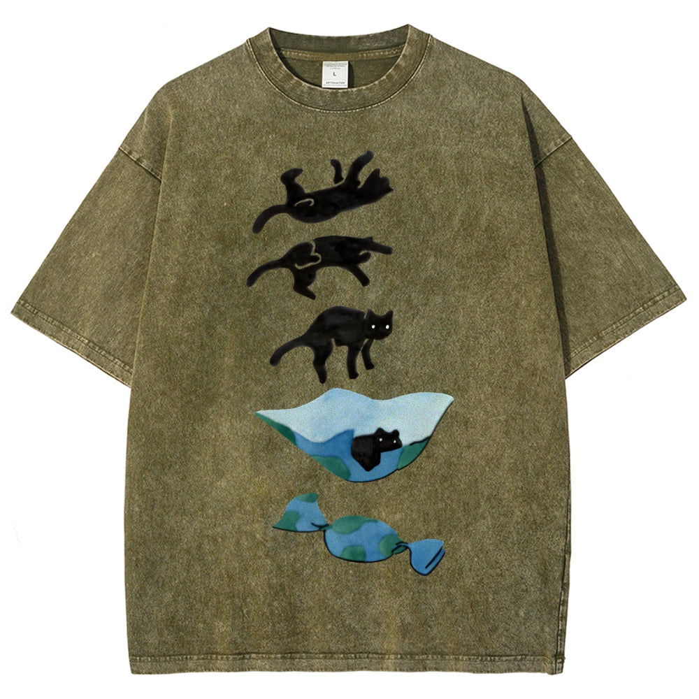 Cat Landing Washed Vintage Short Sleeves T-Shirt