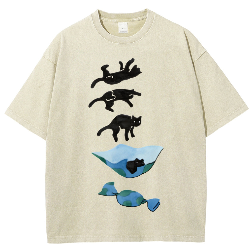 Cat Landing Washed Vintage Short Sleeves T-Shirt