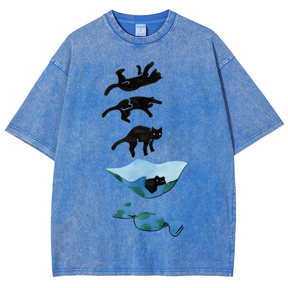 Cat Landing Washed Vintage Short Sleeves T-Shirt